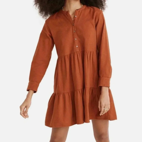 Madewell Flannel Button-Placket Tiered mini dress - Warm nutmeg - SIZE SMALL - Picture 2 of 11